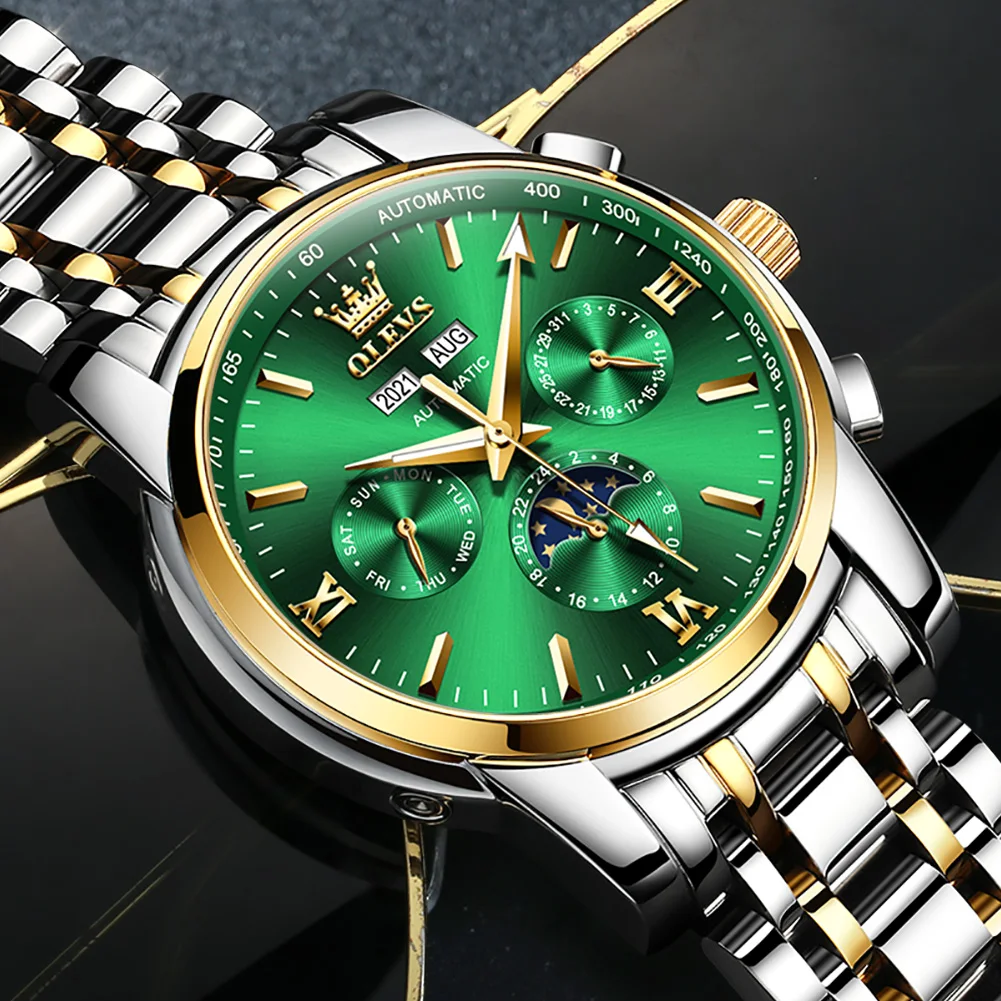 OLEVS Fashion Automatic Mechanical Watch Luxury Green Water Ghost Multifunctional Dial Mens Watches Luminous Waterproof Reloj enlarge