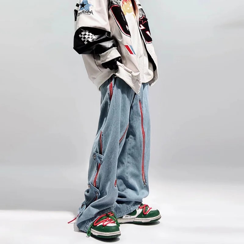 DEEPTOWN Y2K Zipper Baggy Jeans Men Button Straight Denim Pants Red Blue Streetwear Trousers Male Wide Leg Punk Hip Hop Fashion