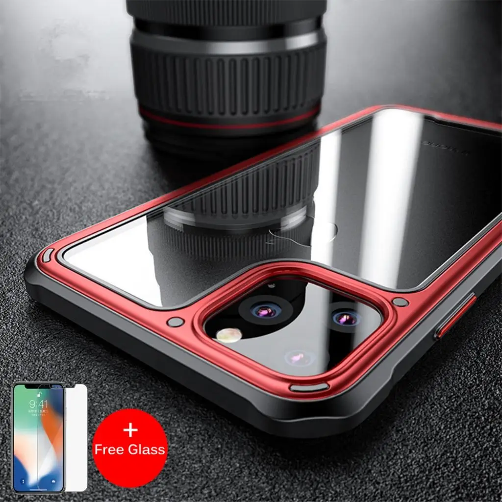 Luxury Shockproof Silicone Airbag Transparent Case For iPhone 11 Pro Max TPU Bumper Cases Hard PC Clear back Cover+Free Glass