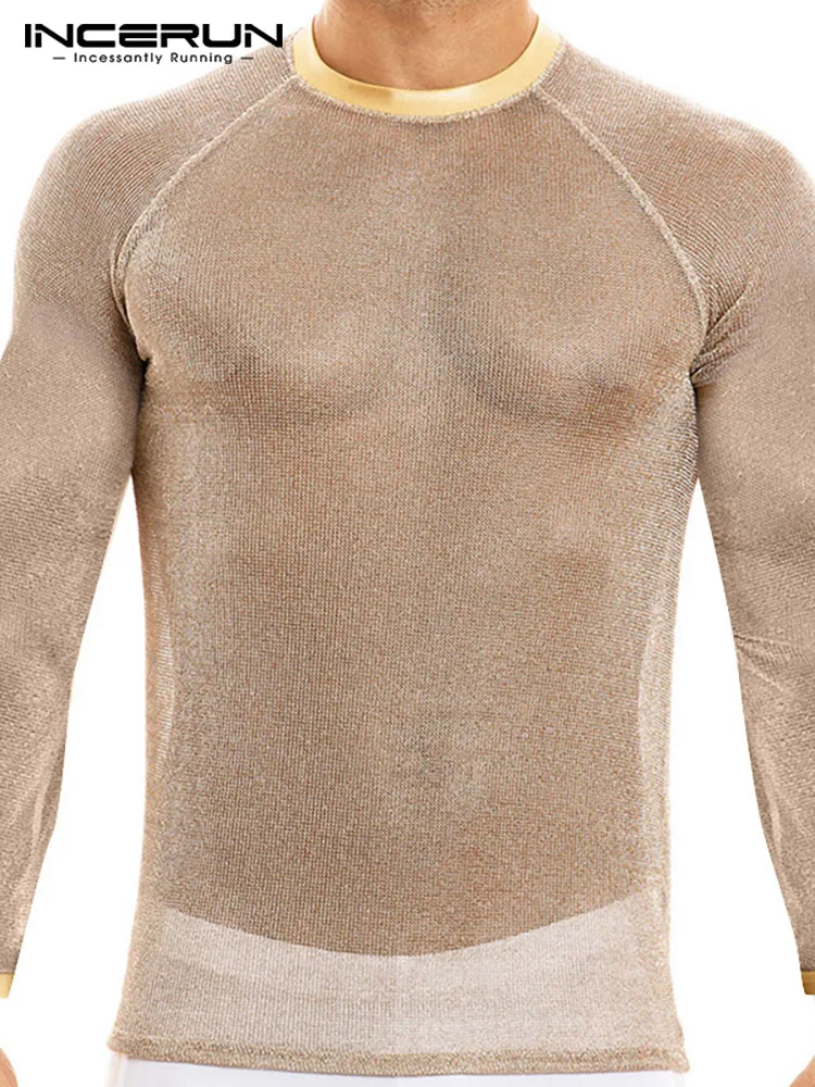 

Топы INCERUN 2022 мужские стильные футболки для вечерние ринки, ночного клуба, блестящие сетчатые футболки, подходящие ко всему повседневные сет...