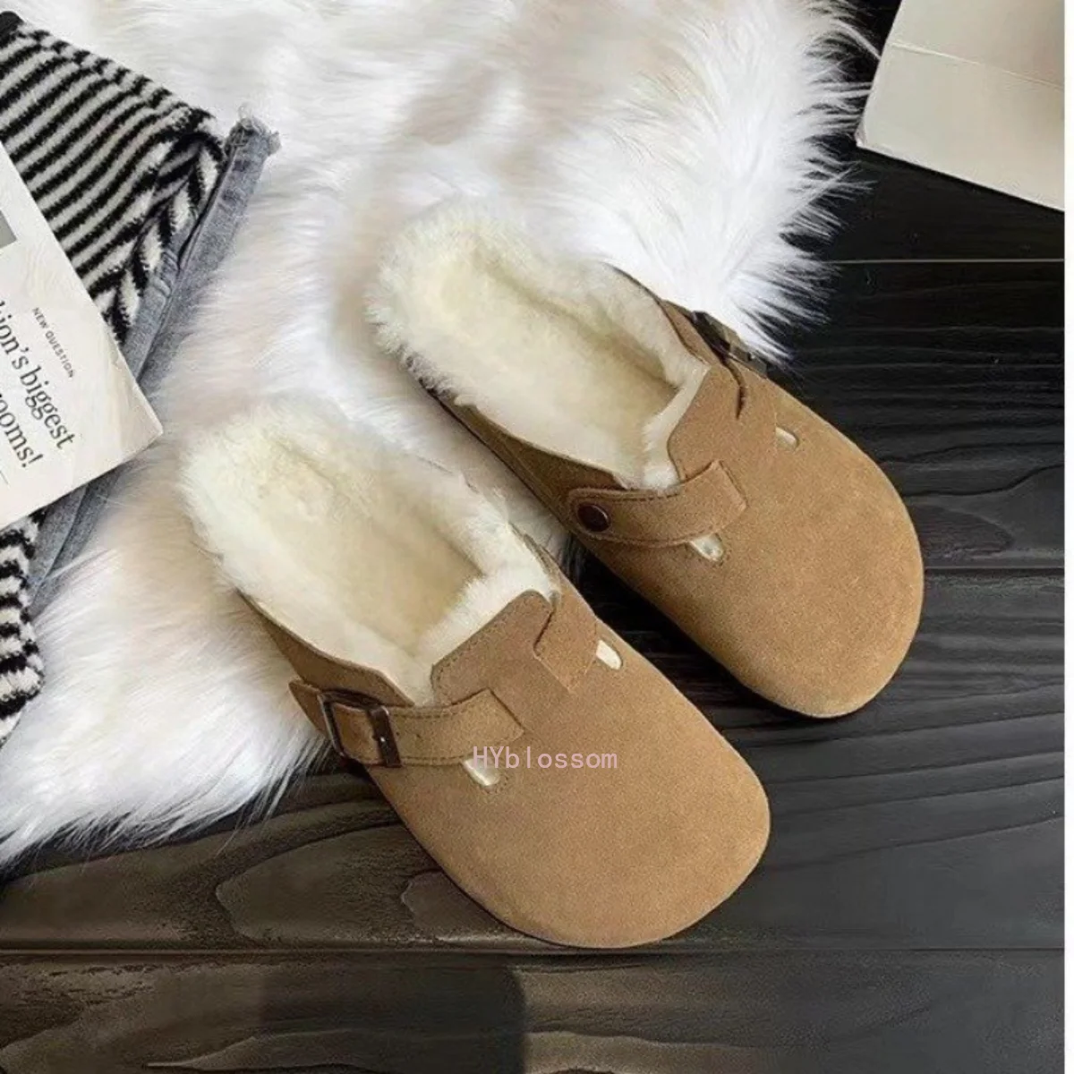 Women Suede Leather Round Toe Slippers  Casual Fur Inside Warm Winter Flat Hees Sandals Woman Plush Slides Women Plus Size