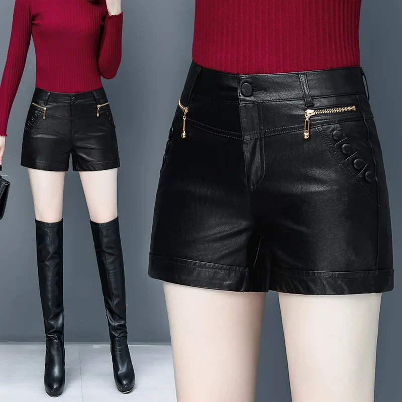 UHYTGF Spring And Autumn Leather Shorts Women's Korean Wide Leg Pants Ladies Casual PU Leather A-Line Pants New Female Pant 01