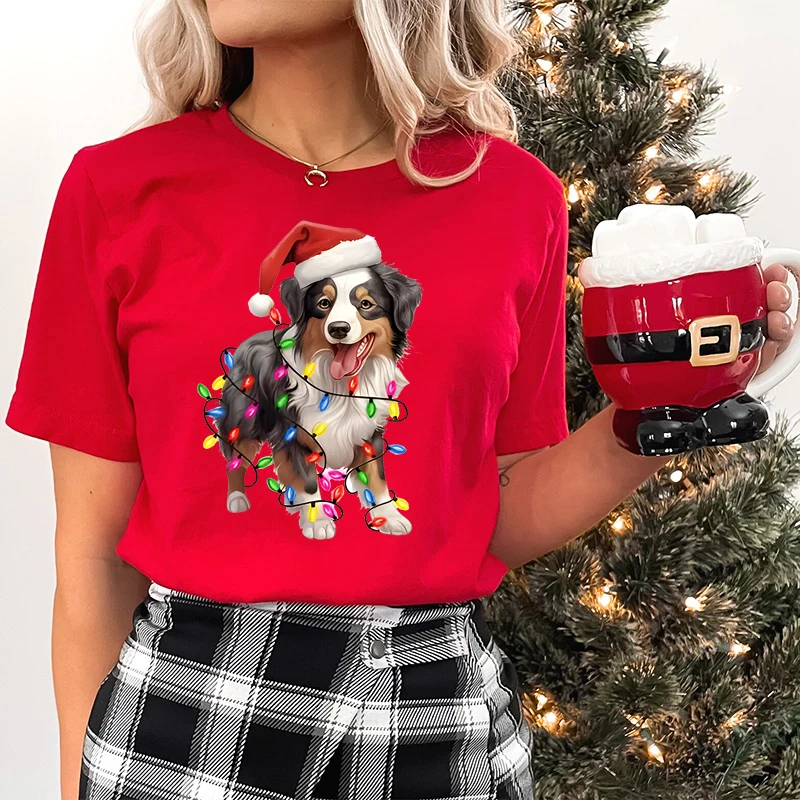 Festive Woman T-shirts Dog Owner Christmas Gift Short Sleeve T-shirt Trendy Girls Clothing Kawaii Cartoon Santa Classic Tops