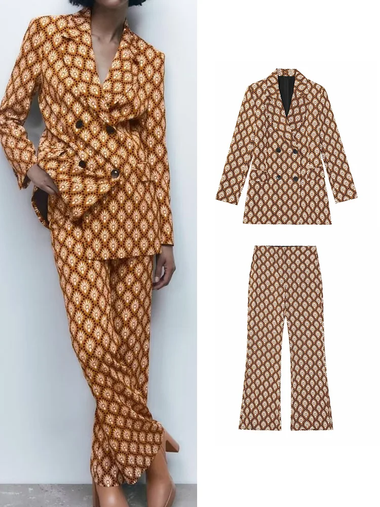 

TRAF Ladies Blazer Suit 2022 Autumn Winter 2Pcs Office Outfits Plaid Jacket+Elastic Waist Flare Trousers Basic Zipper Long Pant