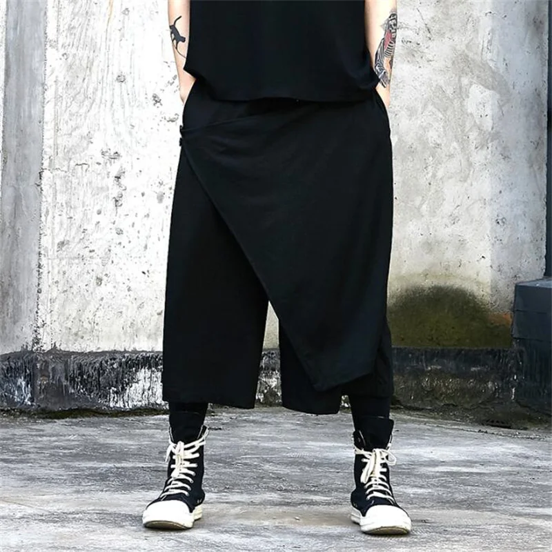 Wide leg pants mens trousers dark black culottes original design new loose casual pantalon calça masculina штаны мужские spring