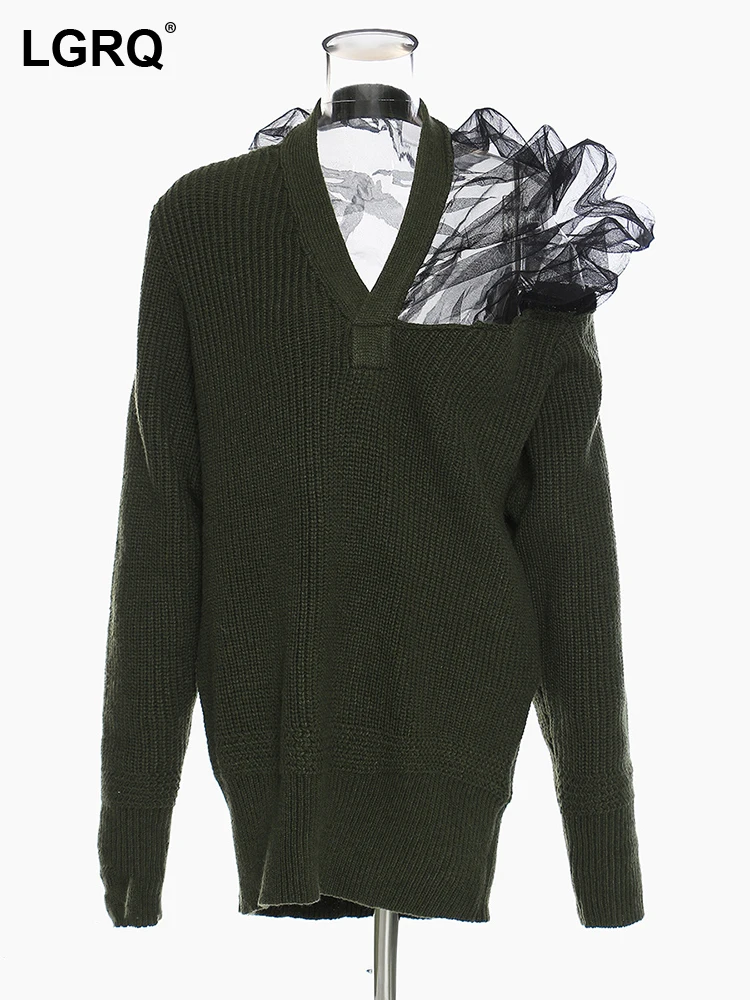 

LGRQ High Quality Fashion Girls Mesh Splicing Design Knitted Tops Street Women's 2023 Autumn New Trendy Sweater Pullover 19F1530