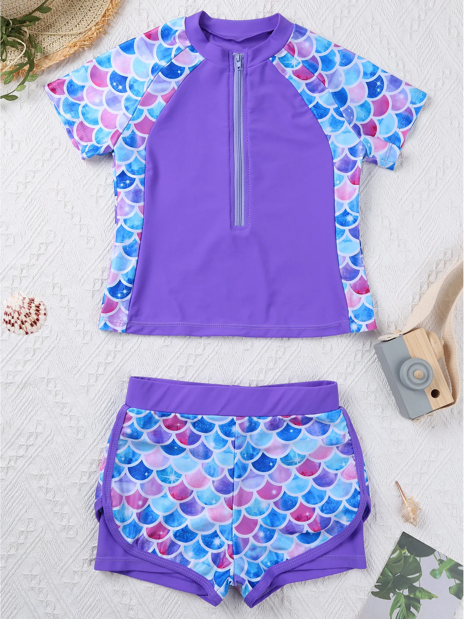 Детский купальный костюм из двух предметов для девочек с коротким рукавом