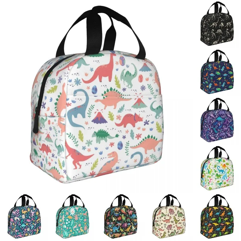 Cartoon Dinosaur Print Thermal Insulated Lunch Bag Women Portable Lunch Tote for Outdoor Camping Travel Multifunction Food Box