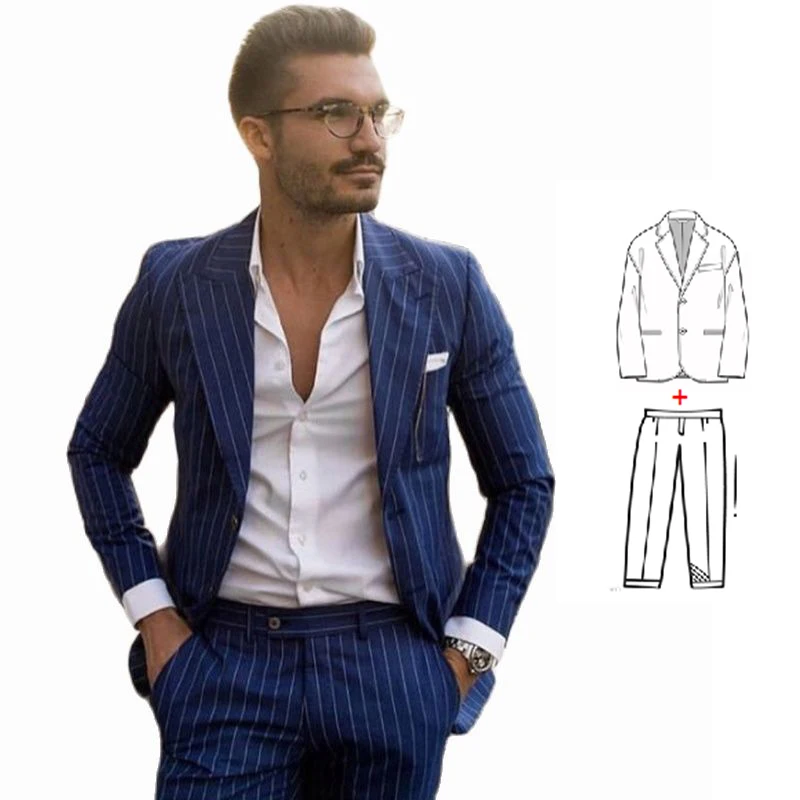 2023 Men Business Stripe Slim Fit Wedding Groom Tuxedos Suits Blazer 2 Piece Set Prom Suit Jacket Pants Trajes De Hombre