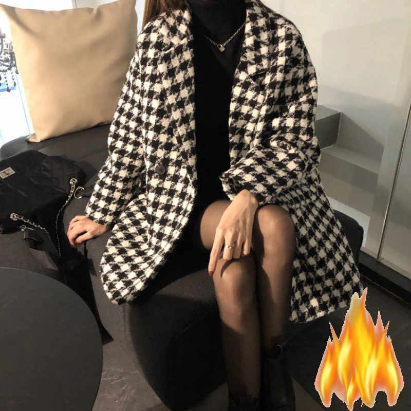 Black White Plaid Wool Winter Blazers Office Ladies Vintage Add Velvet Thicken Casual Loose Suit Coats Middle Long Warm Outwear