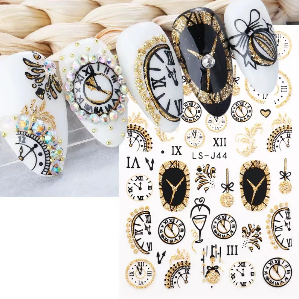 

New Year 2023 Clock Nail Sticker Gold Shiny Glitter Luxurious Watch Countdown Winter Festival Manicure Penguin Cat Slider Decals