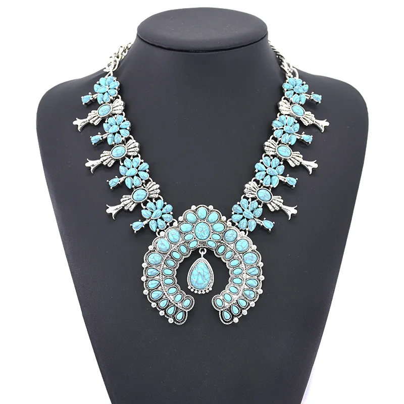 

Western Jewelry American Tribal Big Chunky Bold Statement Accessories Femme Squash Blossom Turquoise Necklace for Women
