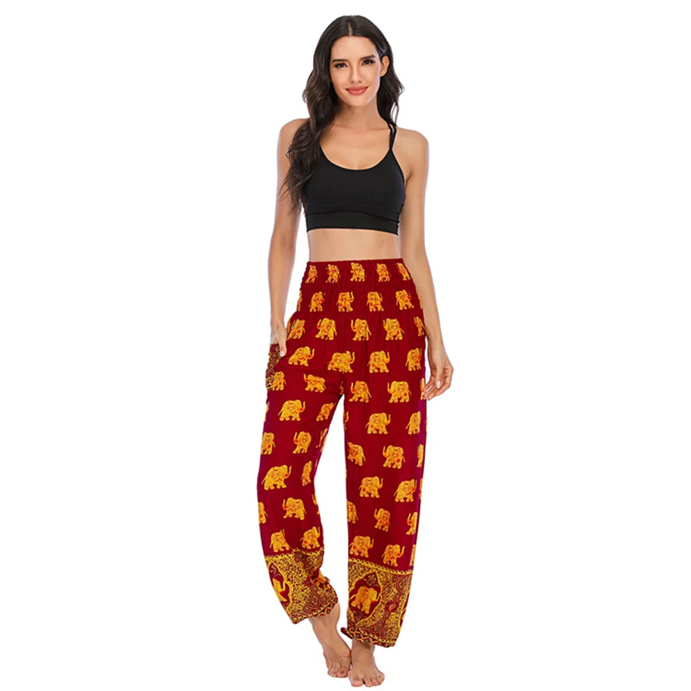 Thailand Elephant Bohemia Printed Yoga Sports Pants Elastic High Waist Lantern Trousers National Loose Casual Slacks