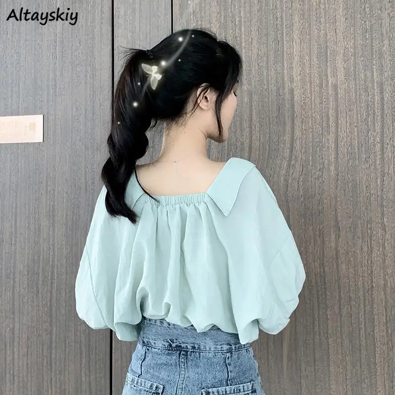 

Puff Sleeve Shirts Women Fashion Sweet Elegant Baggy Casual Korean Style Solid Office Ladies Preppy Chemise Chic Classic Popular