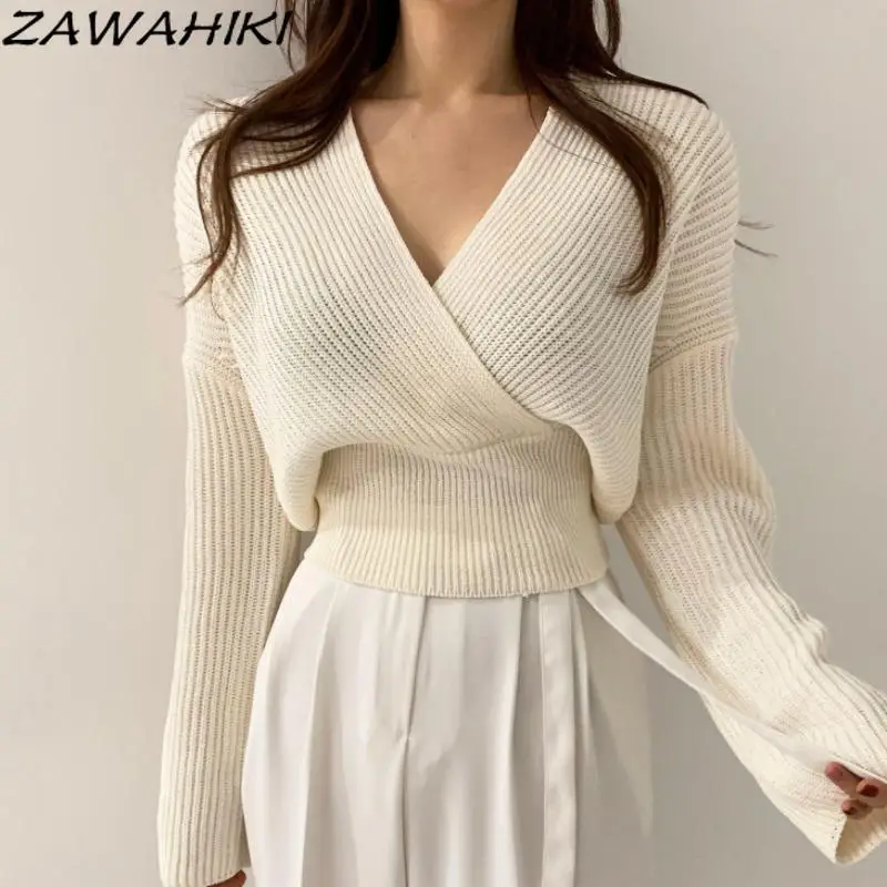 

Zawхиты корейские шикарные новые свободные топы для ленивых с перекрестным V-образным вырезом тонкие вязаные свитера женские с длинным рукав...