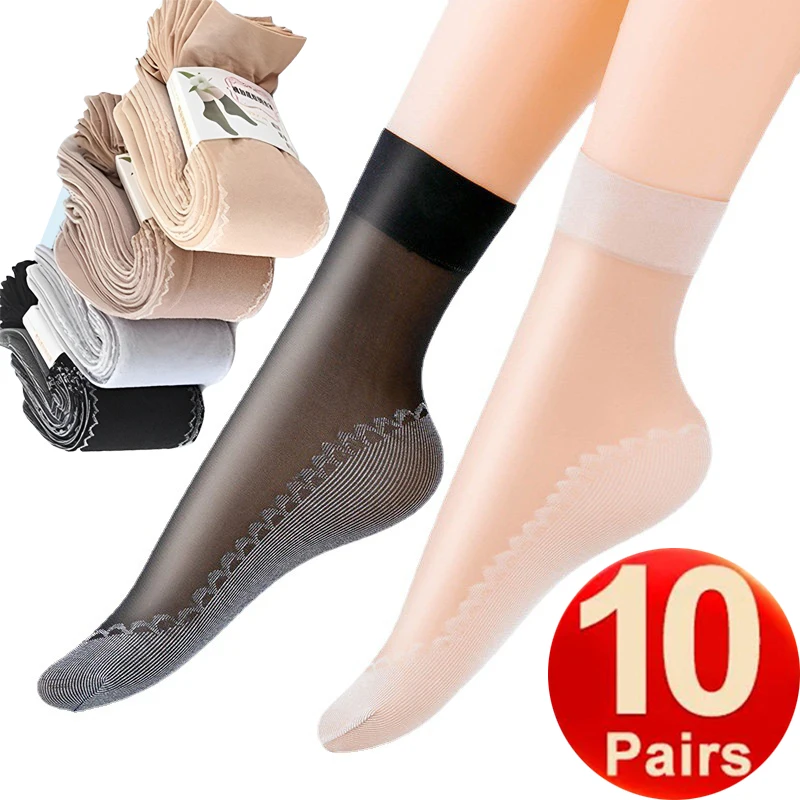 10Pairs Summer Women Soft Socks Velvet Silk Socks Non-Slip Bottom Splice Transparent Ladies Ultrathin Breathable Women Sock