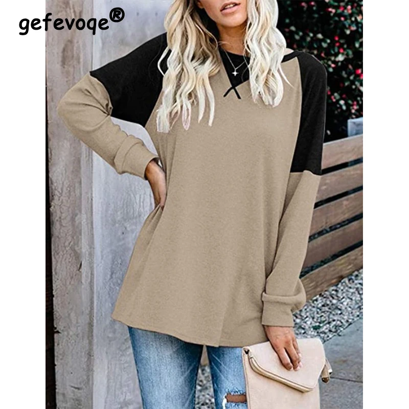 Autumn New Patchwork Solid T-Shirt Casual Fashion Loose Tops Women Young Oversized Tunic Long Sleeved O Neck Tee Shirt Pullovers