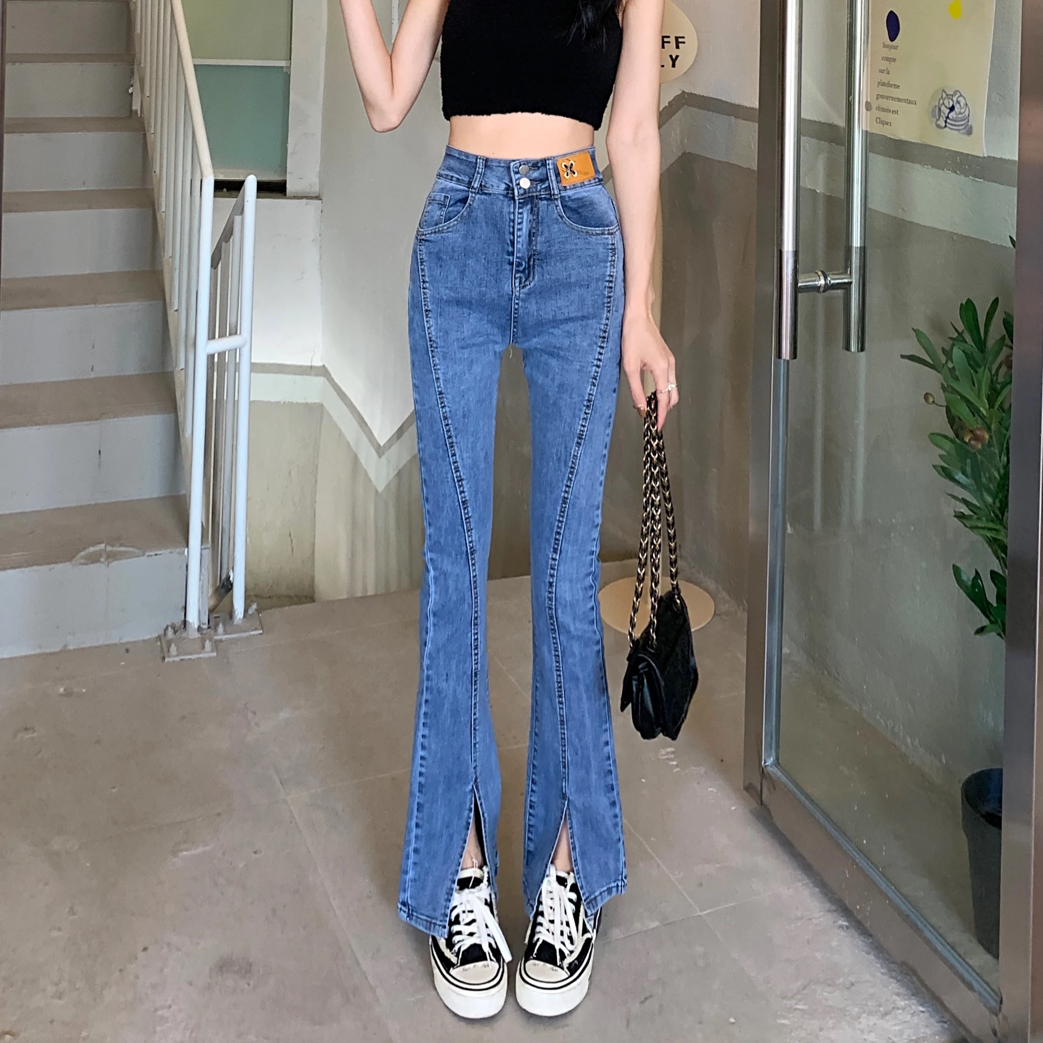 N1398  Straight-leg jeans women's new design high-waisted slim slit micro-flare all-match pants jeans