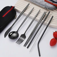 stainless steel tableware steak cutlery portable set dinnerware travel camping reusable with metal spoon fork chopsticks