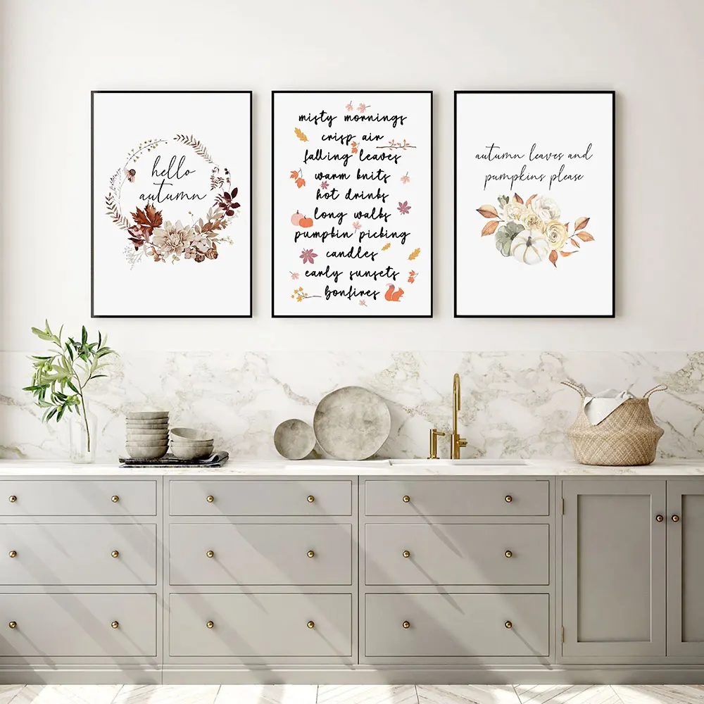 

Плакат с осенними листьями, Минималистичная цитата, Художественная печать, Скандинавская тыква, Картина на холсте, цветок, Современная Наст...