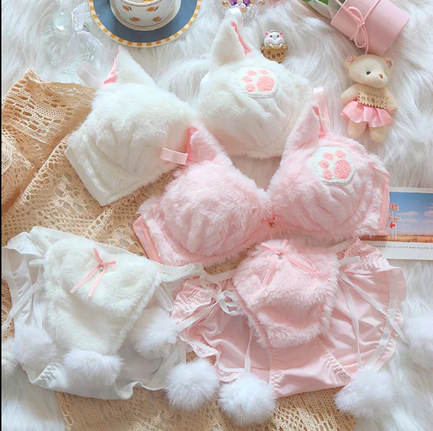 Sweet lolita Autumn and winter cat paw plush underwear for women comfortable and cute Japanese girl ears bra and panty set