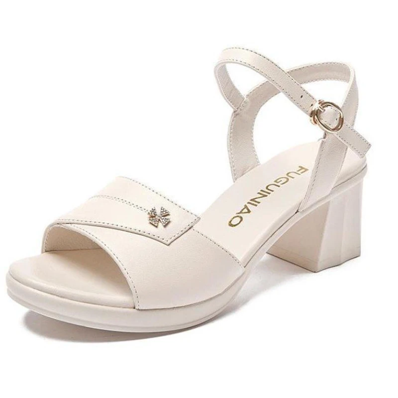 Women's Summer Beige Thick Heels with Temperament Versatile Mom Sandals
