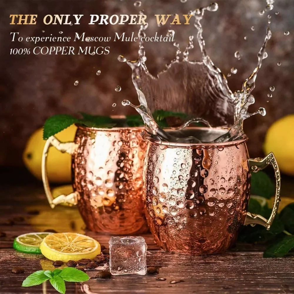 

550ml 8 Ounces Hammered Copper Plated Moscow Mule Mug Beer Coffee Cup Mug Copper Plated Pure Solid Mug with 4 Copper Straws