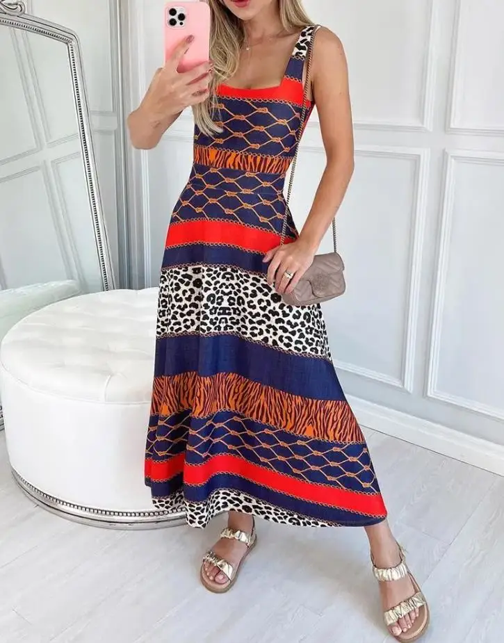 

Casual Dresses For Women 2022 Summer Thick Strap Cheetah Zebra Stripe Print Colorblock Sleeveless Daily A Line Maxi Female Dress