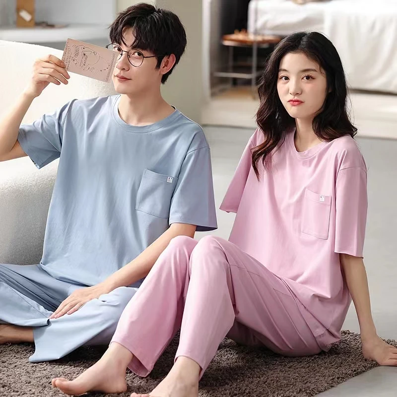 Yasuk 2022 Spring Fashion Women's Casual Lovely Soft Cotton Sleepwear Homewear Couple Pajamas Set With Pants Pocket Solid Print