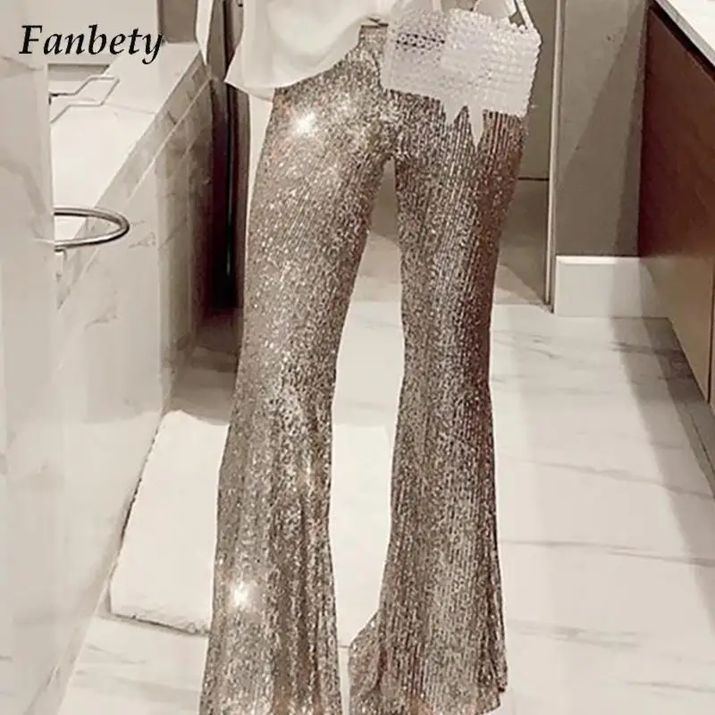 

Autumn Fashion Solid Waisted Sparkly Trousers Women 2023 Casual Shiny Sequined Long Pant Ladies Elegant Wide Leg Sequined Pants