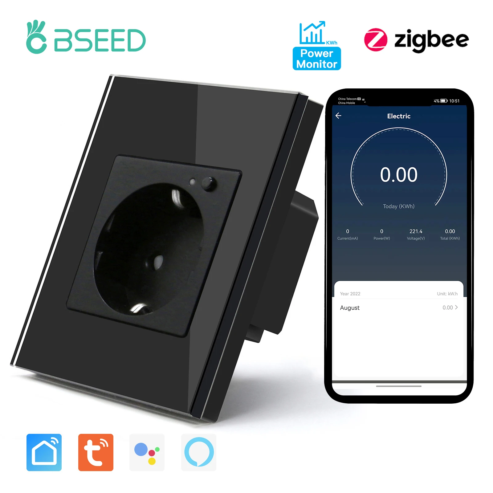 

BSEED ZigBee Energy Monitor Wall Sockets Single Smart Meter Socket Google Smart Life App Alexa Voice Control ZigBee Sockets EU