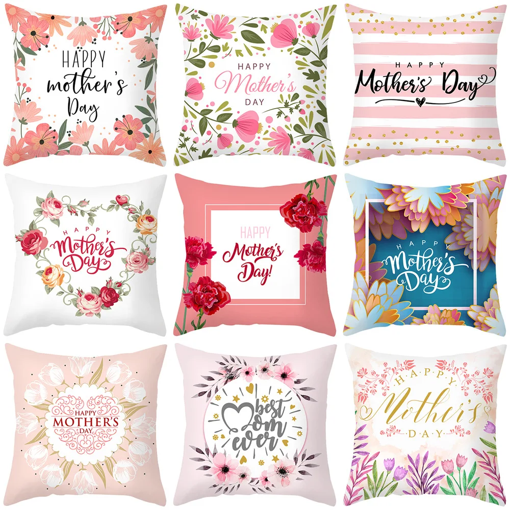 

Happy Mother's Day Pillowcase Pink Flower Throw Pillow Case Office Sofa Cushion Cover Best Mother Gifts Home Decoration 45x45cm