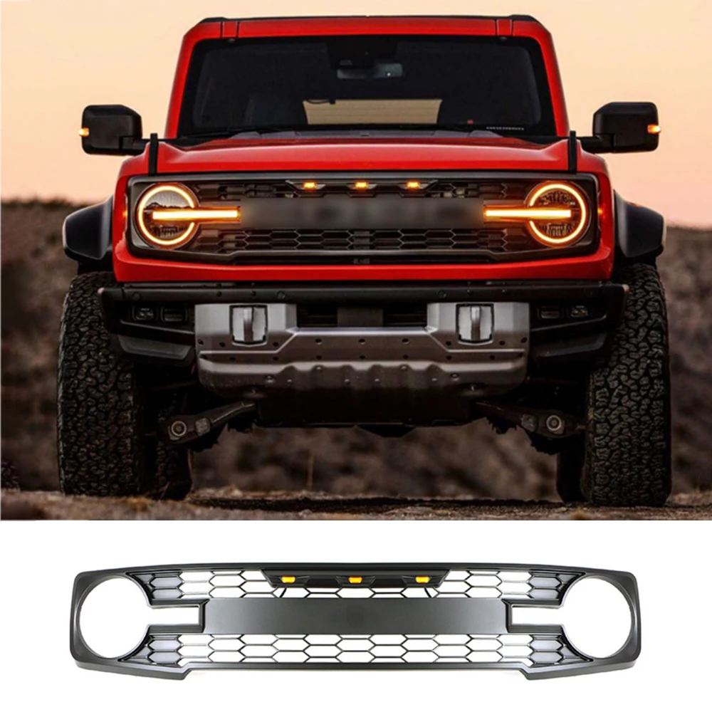 Фото Передняя решетка для Ford Bronco Raptor Style 2022-2024, решетка бампера со светодиодными фонарями, детали для модификации внедорожников на открытом воздухе №1