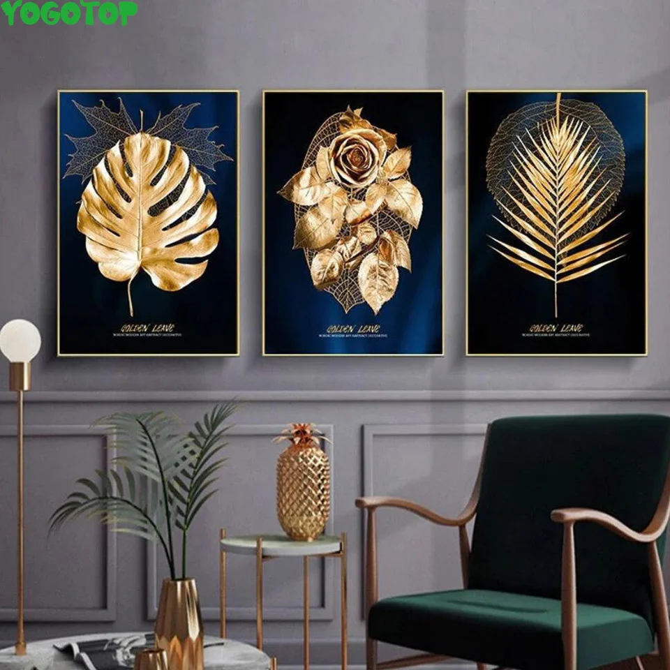 

Golden Leaves Plant Diamond Painting Modern Abstract Luxury Picture Wall Art Mosaic Embrodiery For Room Decor Triptych ML1650