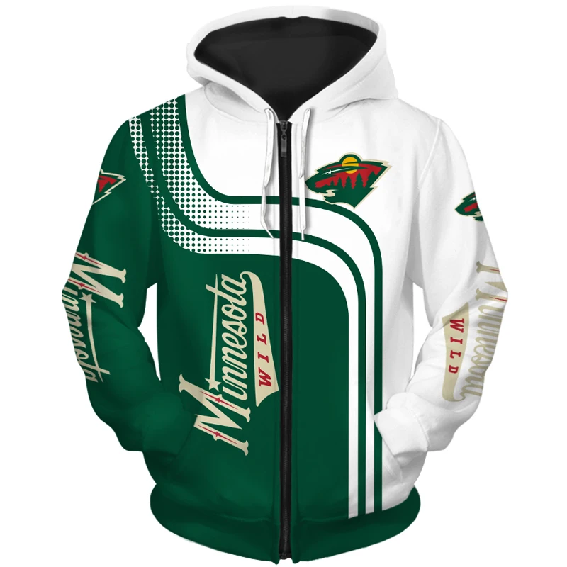 

Minnesota men's Fashion Long Sleeve 3D Wild Zip Hoodies Green And White Stitching Cartoon Bear Print Sweatshirt