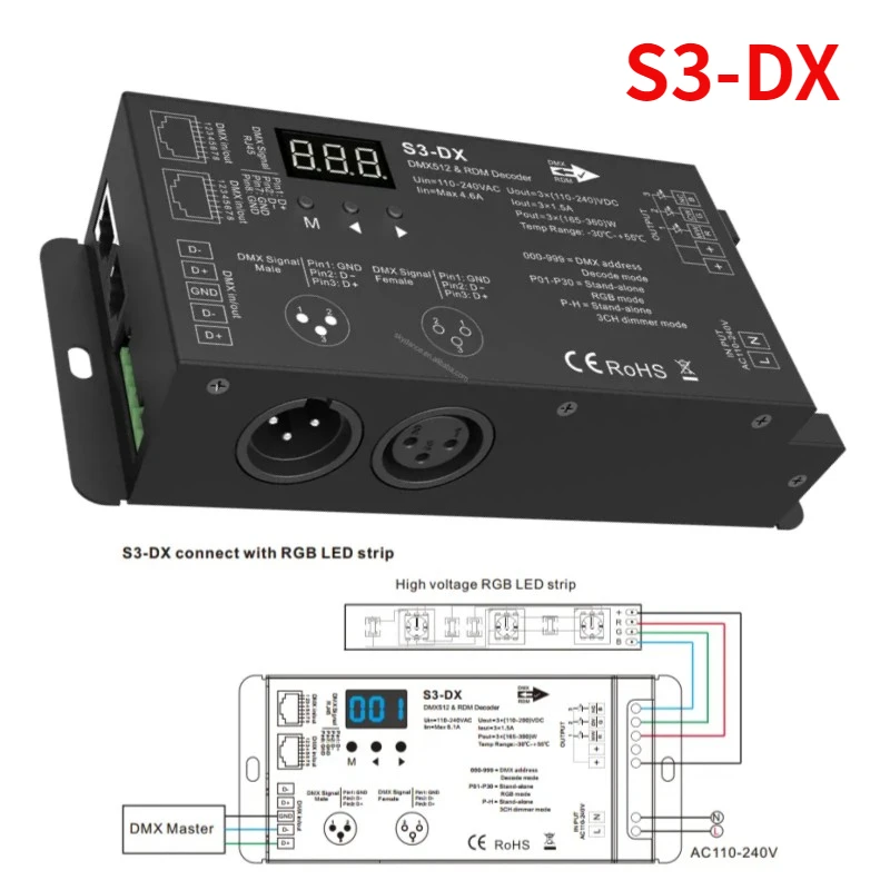 AC110V-220V Высоковольтная 3-канальная светодиодная лента DMX512 Декодер S3-DX с RF