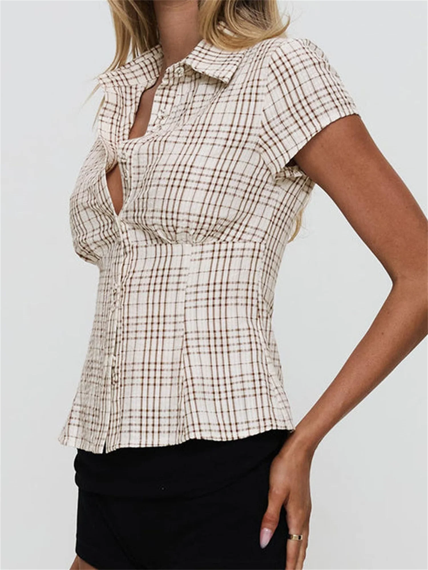 Женские клетчатые рубашки в стиле ретро с коротким рукавом и отложным воротником