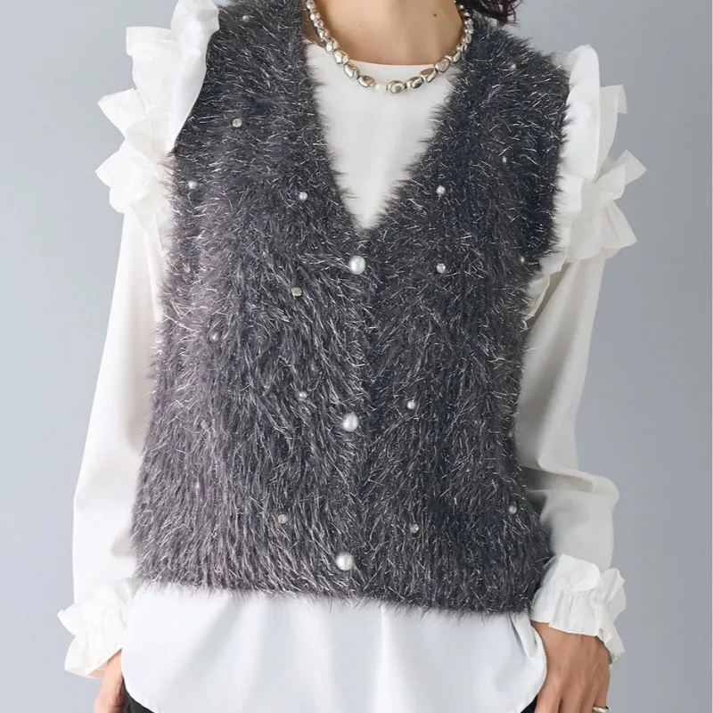 Осень-зима вязаный жилет с бисером женская верхняя одежда корейская мода