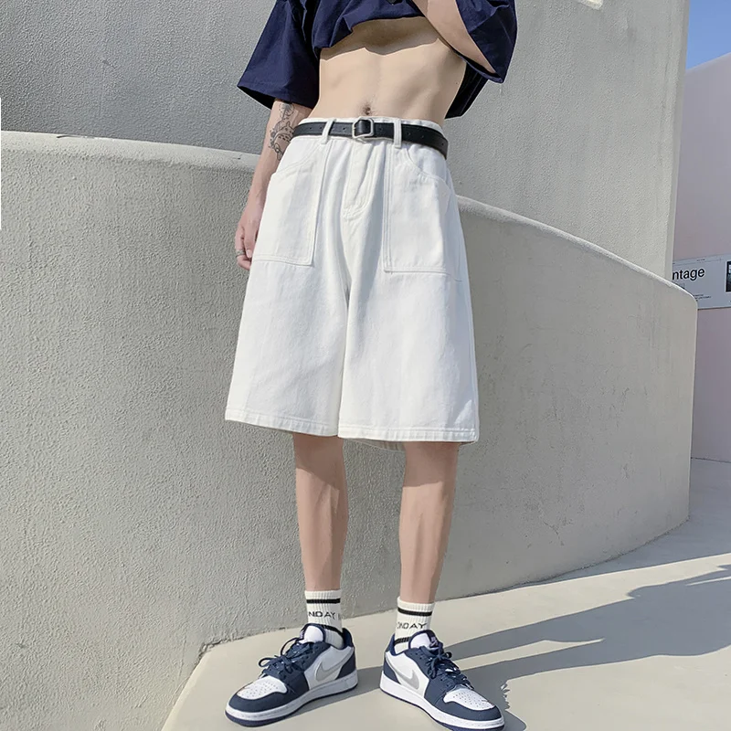 

Summer Denim Shorts Men Fashion Khaki White Casual Five-point Denim Pants Mens Korean Loose Straight Jeans Shorts Men M-2XL