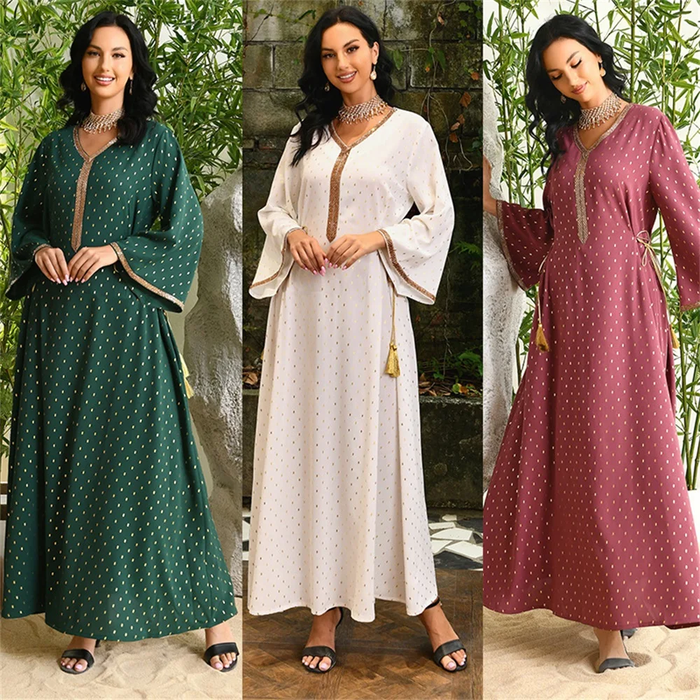 Women's Ramadan Eid Long Sleeve Dress Polka Dot Print Belted Abaya Robe Moroccan-Kaftan Muslim Dresses