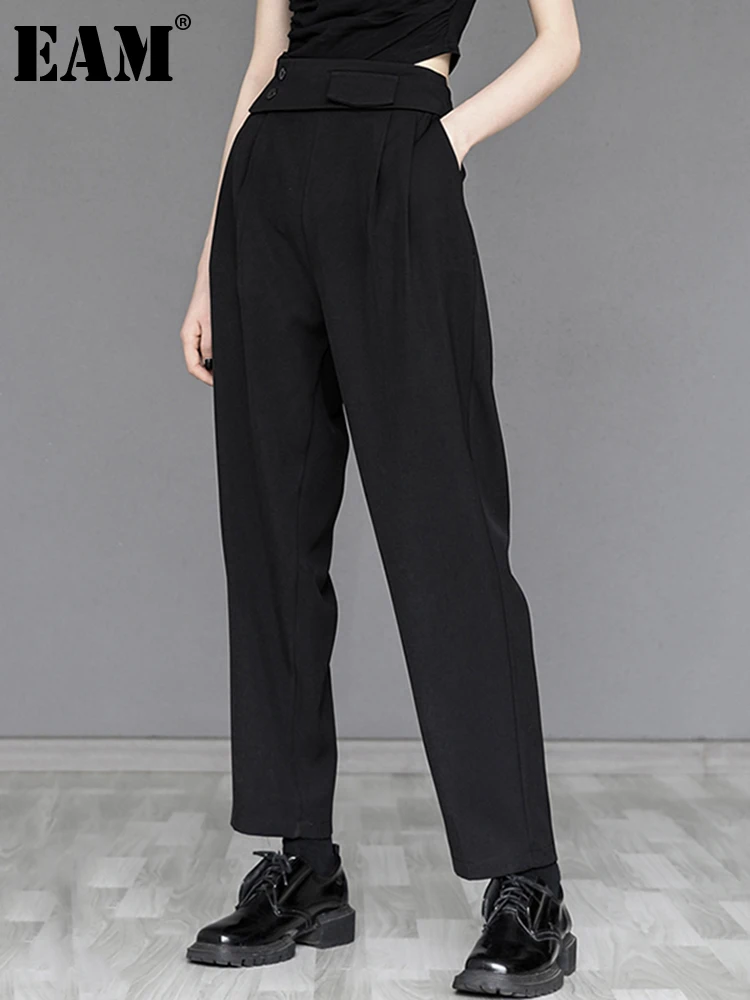 

[EAM] High Waist Black Pleated Long Wide Leg Casual Trousers New Loose Fit Pants Women Fashion Tide Spring Autumn 2022 1DE1955