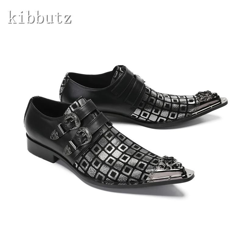 Роскошные черные мужские туфли с принтом серебристые металлические носки