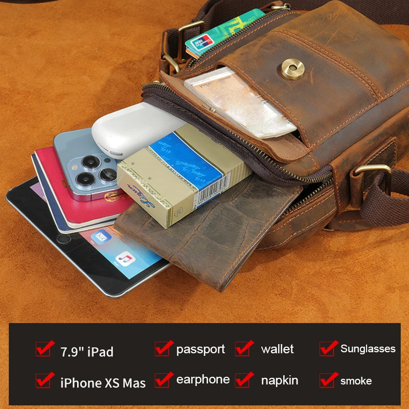 Vintage Men's Crazy Horse Leather shoulder bag phone bag handbag Crossbody Bag 6059