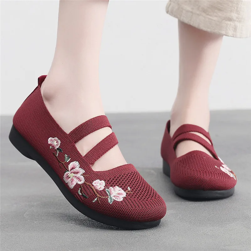 lilac summer flats mom strapped shoes women's spring embroidered flower loafers ladies mary jane flat shoes ethnic ballet flats