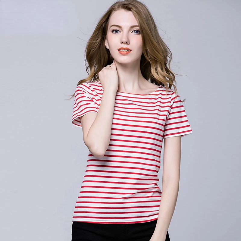

Fashion Women Short Sleeve O-Neck Striped Tshirts Casual Cotton Ladies White Black T Shirt
