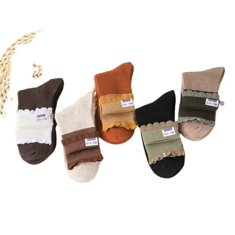 5 pairs of Korean lace women's socks trendy women's socks Sweet medium tube socks Striped vintage cotton double needle pile sock