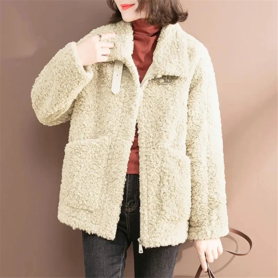Mid-length Winter Thicken Faux Lambwool Teddy Coat Women Plush Warm Overcoat Oversized 4XL Loose Casual Korean Snow Wear Outwear