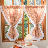 yaapeet country style orange check curtain 2 pieces for kitchen door cortinas england romantic border rideau art home decorate