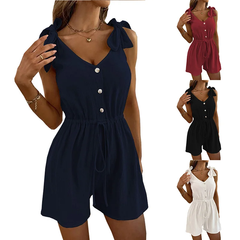 

New Casual Solid Color Women's Jumpsuit Shorts Summer Women's Jumpsuit Five-point Pants Street Style Holiday Style Sexy Ladies