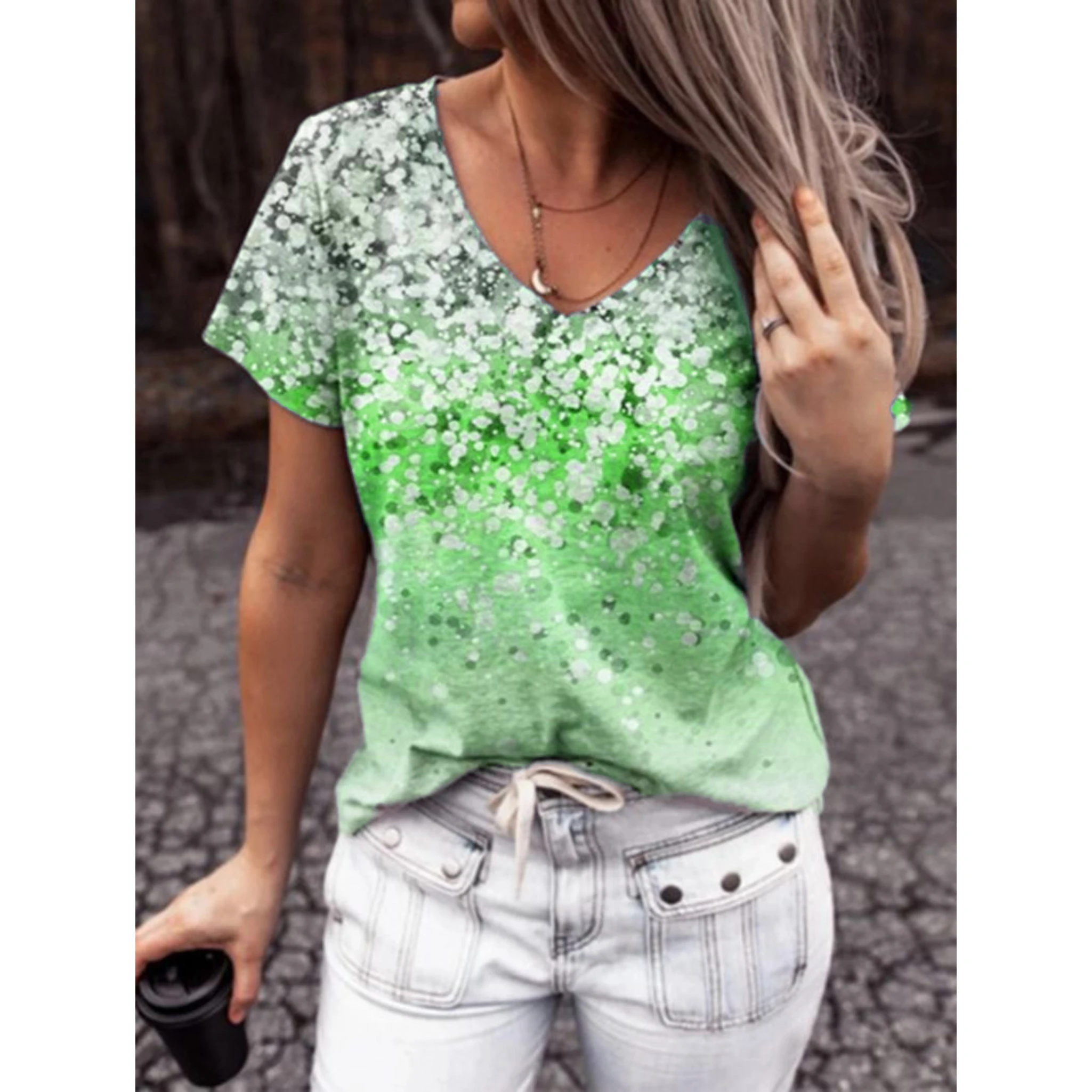 

2022 New Gradient Digital Printed V-neck Short Sleeve T-shirt For Women
